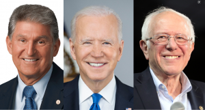 Head shots of Senator Joe Manchin, President Joe Biden, and Senator Bernie Sanders.