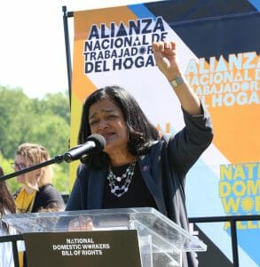 WASHINGTON, DC - MAY 11: Rep. Pramila Jayapal (D-WA) speaks at the National Domestic Workers Alliance Care Workers Can't Wait rally on May 11, 2022 in Washington, DC. (Photo by Brian Stukes/Getty Images for National Domestic Workers Alliance)