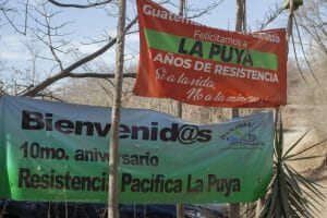 Red and green banners about the La Puya resistance.