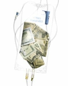US currency fills an IV bag to represent the expenses and financial burdens of health and medical care and health insurance in America.